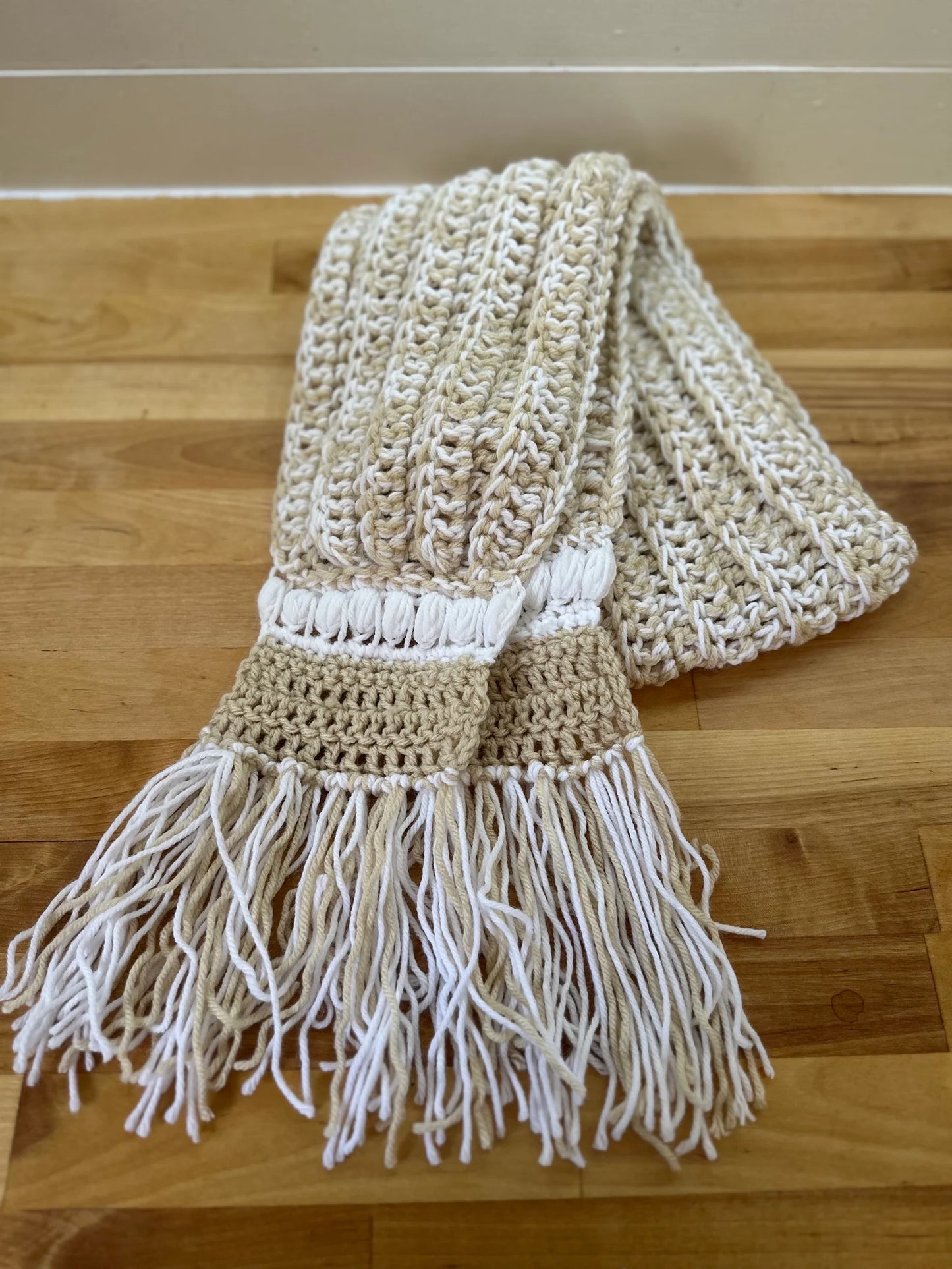 Beige & White Bubble Fringe Scarf