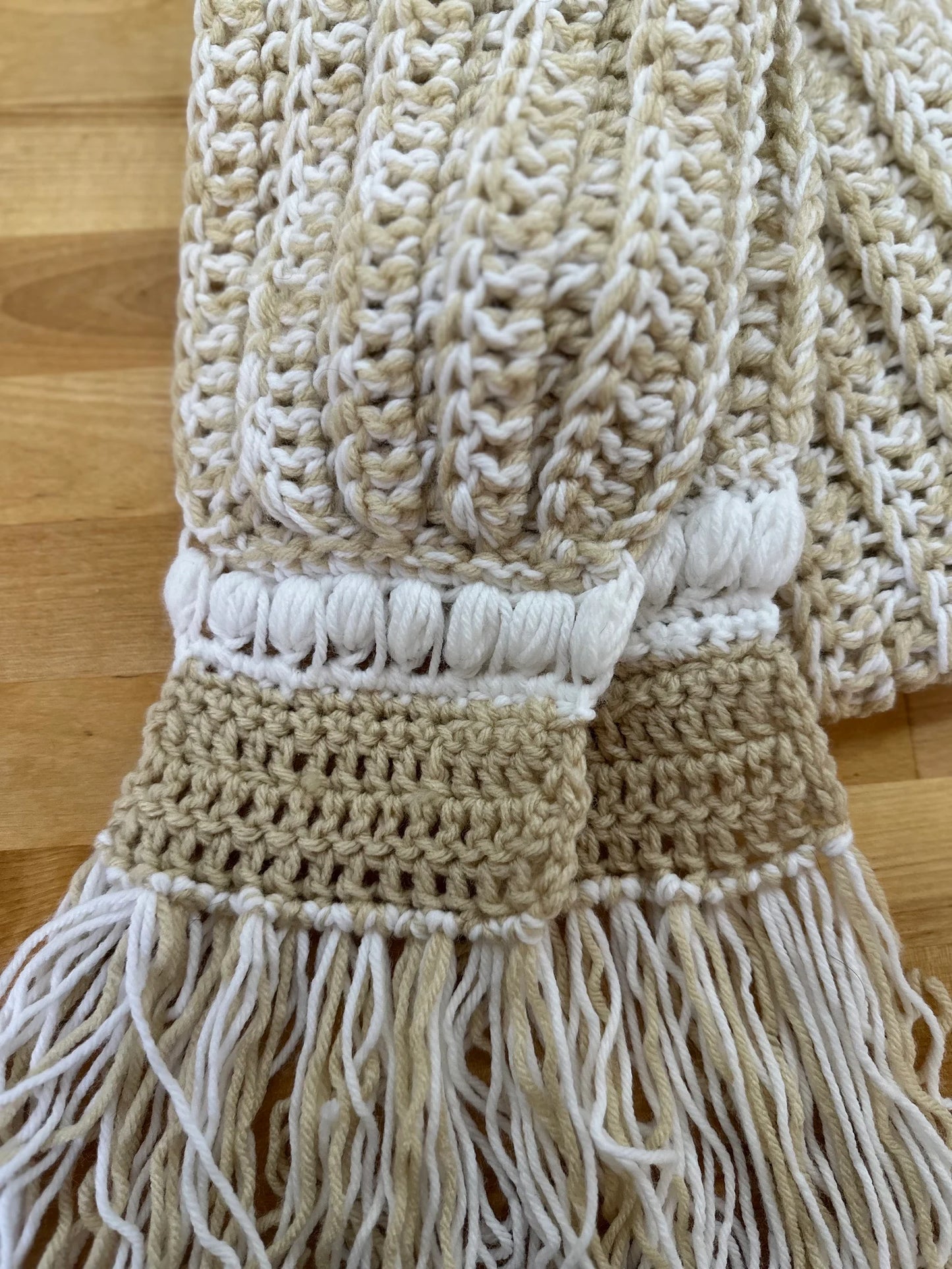 Beige & White Bubble Fringe Scarf