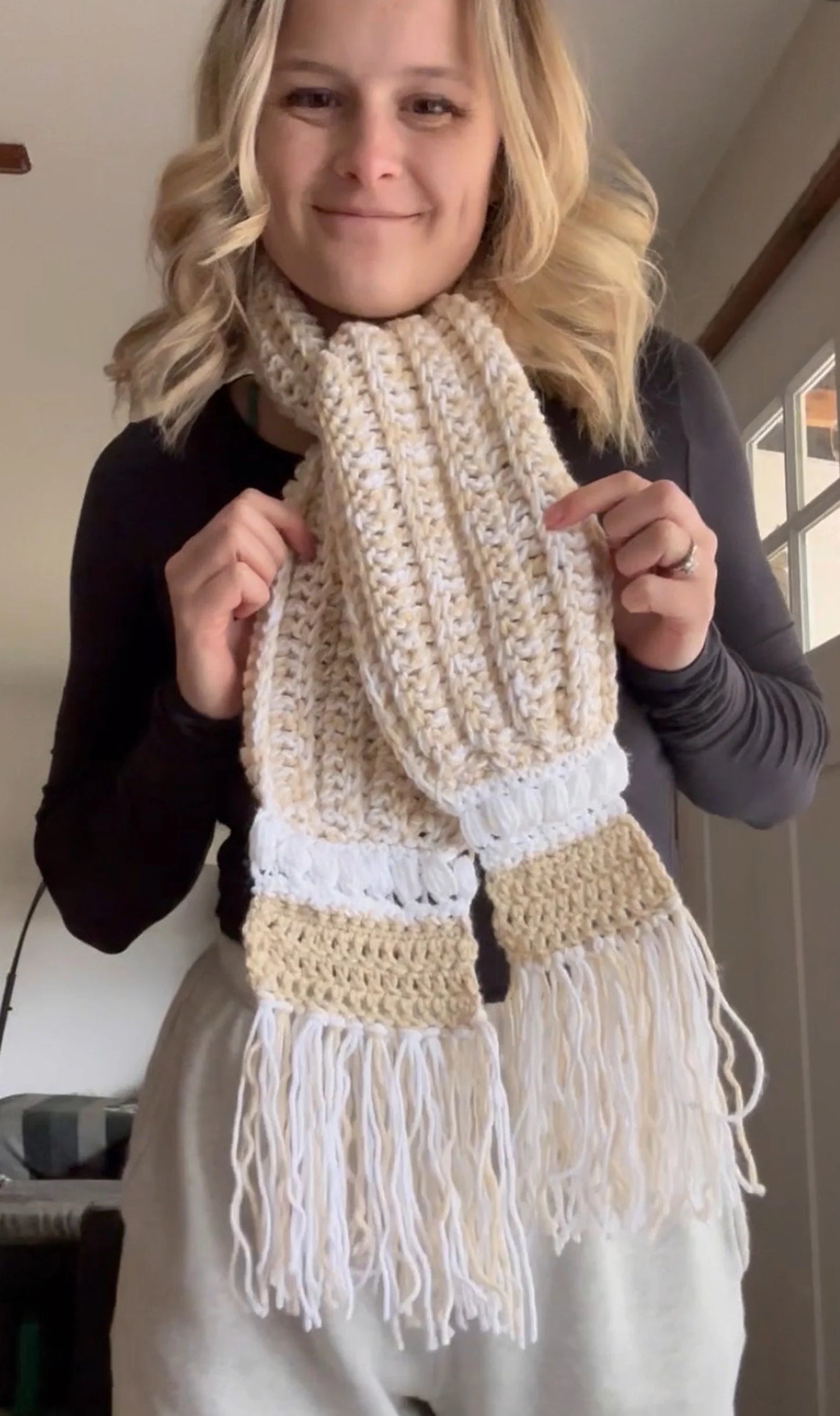 Beige & White Bubble Fringe Scarf