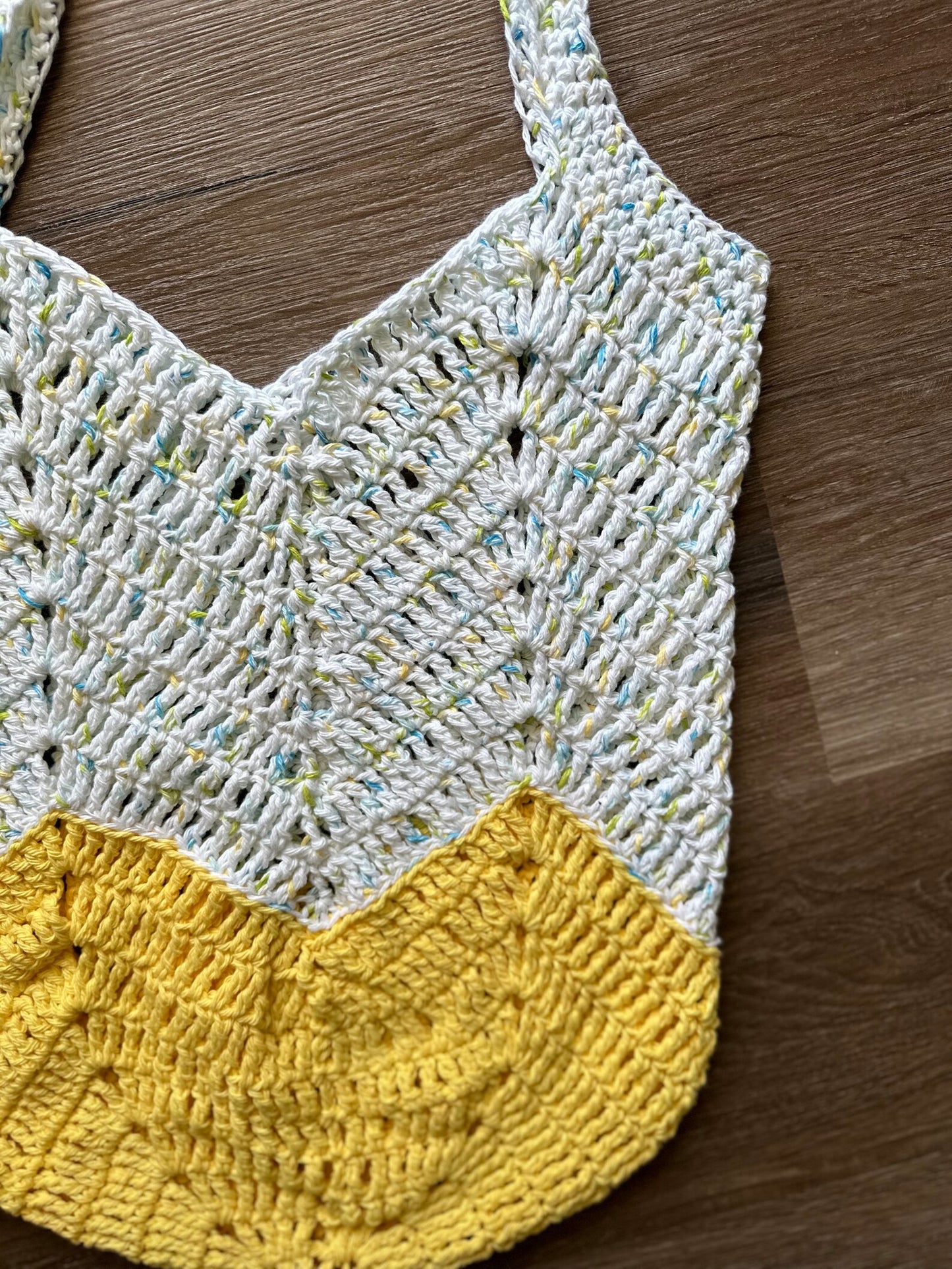 Handmade Crochet Market Bag - Yellow/White Cotton
