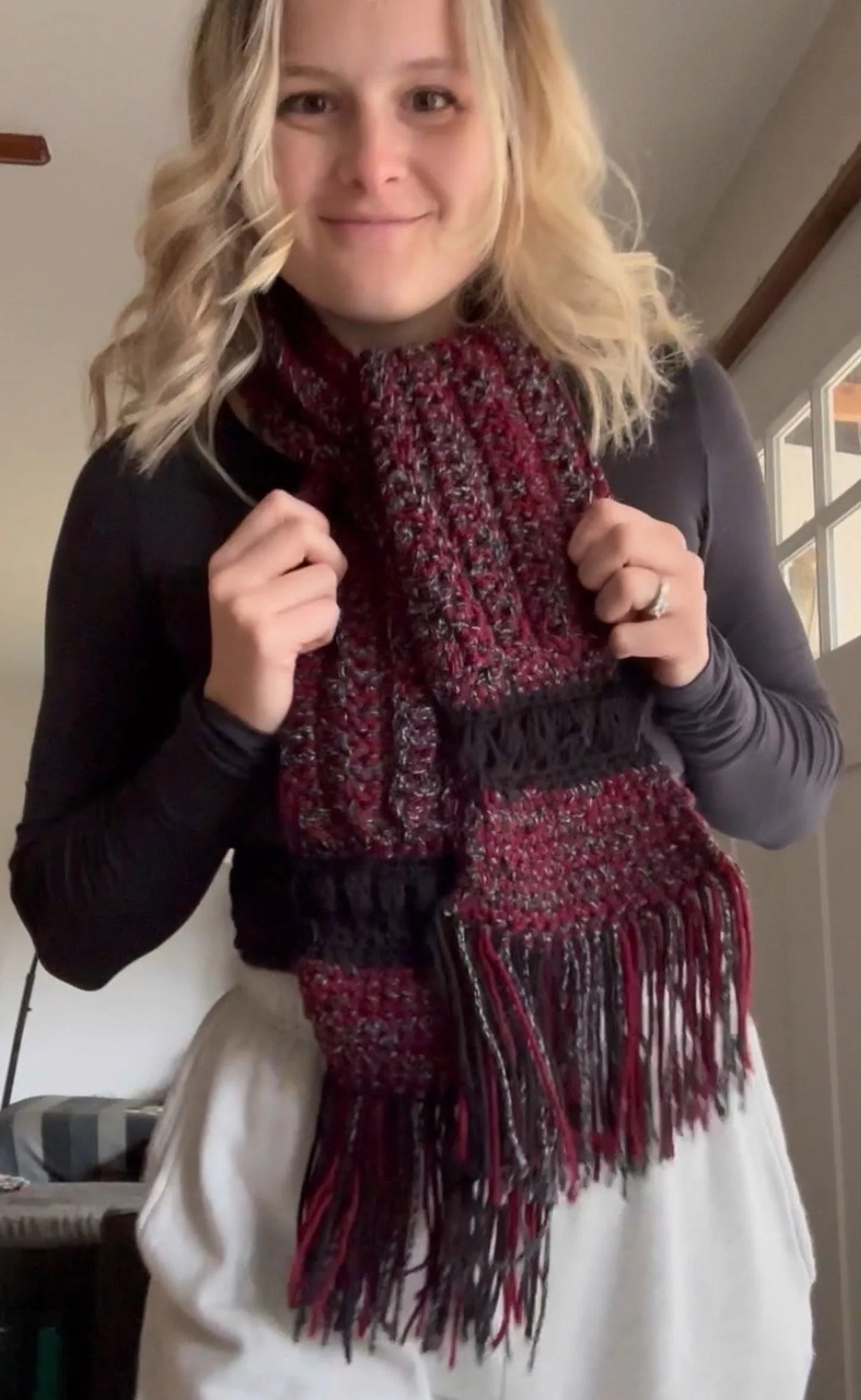 Charcoal Maroon Bubble Fringe Scarf