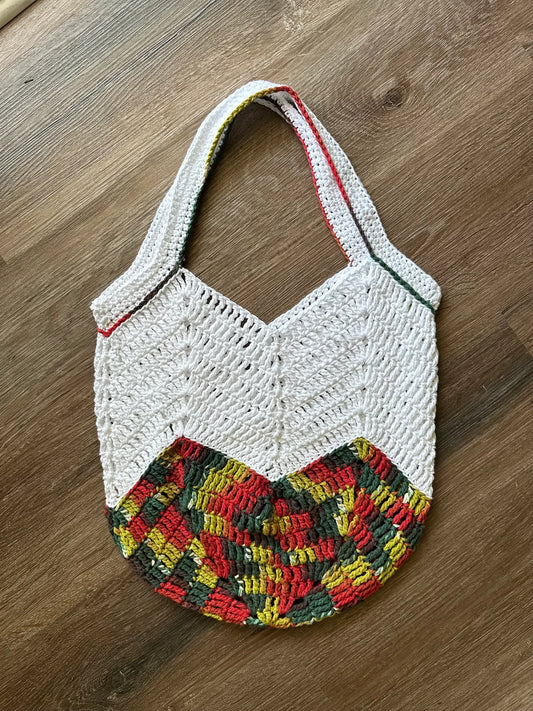 Handmade Crochet Market Bag - Red/Green Cotton